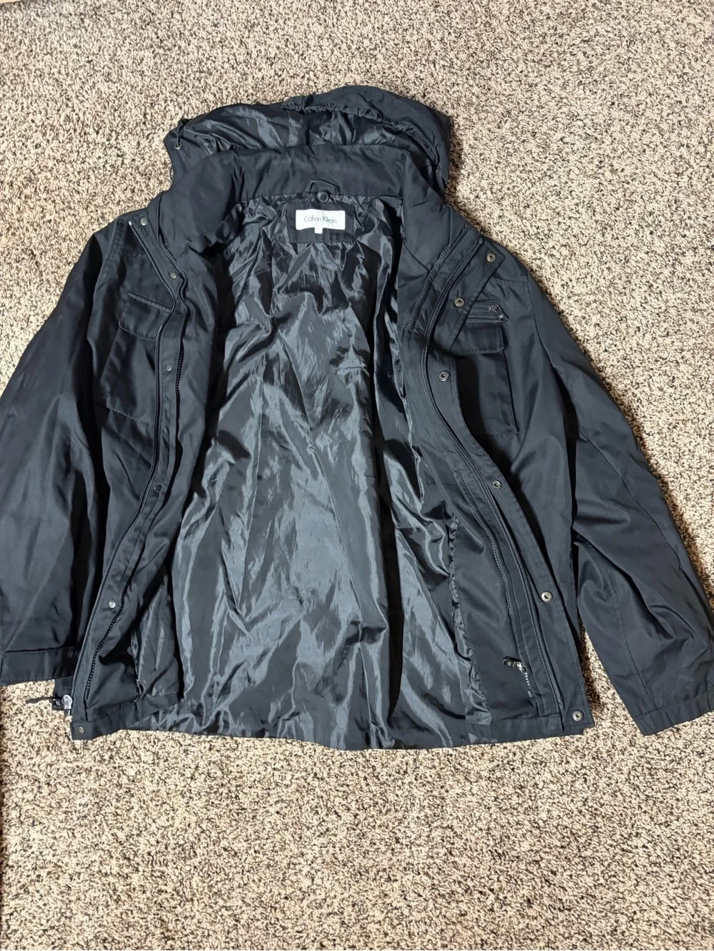CALVIN KLEIN MEN'S LARGE 3 IN 1 BLACK COAT JACKET HOOD WATER RESISTANT